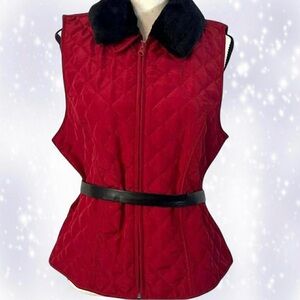 Winter Fashion Red Quilted Vest With Black Faux Fur Collar